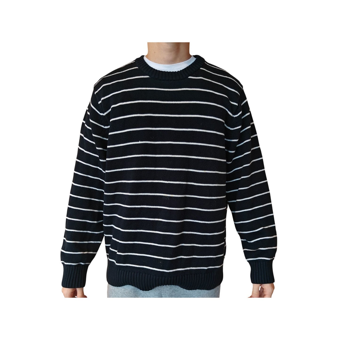 Navy and White Striped Cotton Crewneck Sweater