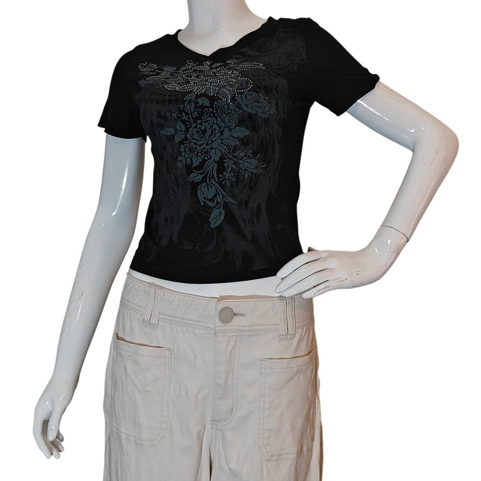 Black Floral Graphic Tee With Rhinestone Detail