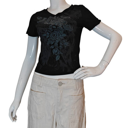 Black Floral Graphic Tee With Rhinestone Detail